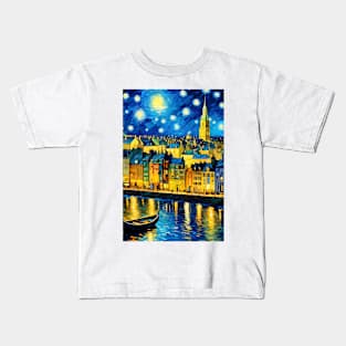 Starry night style city lake Kids T-Shirt